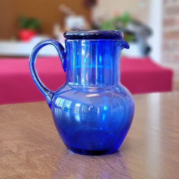 Vintage 90s Cobalt Blue Handblown Bedside Water Carafe & Cup Set - Picture 1 of 4
